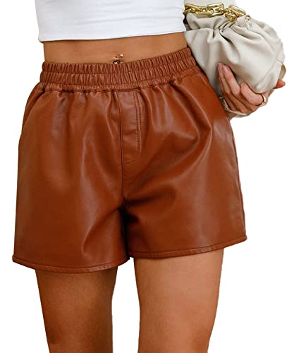 FEOYA Damen Hoch Taillierte Kunstleder Shorts Taschen Weites Bein Shorts Mini Hose mit Taschen Große Größe - S von FEOYA