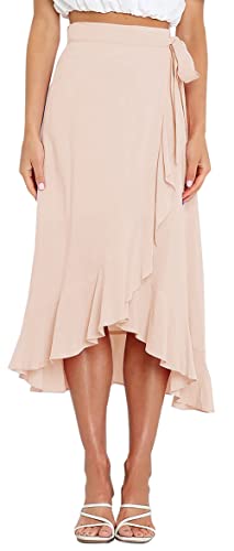 FEOYA Damen Hohe Taille Sommer Röcke A Line Strandrock Einteiliger Wickelrock Ruffle Midiröcke Beige S von FEOYA