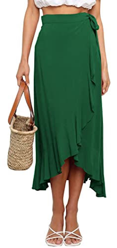 FEOYA Damen Hohe Taille Sommer Röcke A Line Strandrock Einteiliger Wickelrock Ruffle Midiröcke Dunkelgrün M von FEOYA