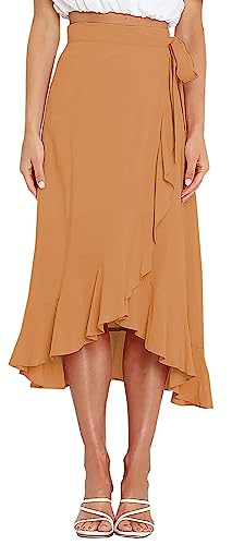 FEOYA Damen Hohe Taille Sommer Röcke A Line Strandrock Einteiliger Wickelrock Ruffle Midiröcke Khaki M von FEOYA