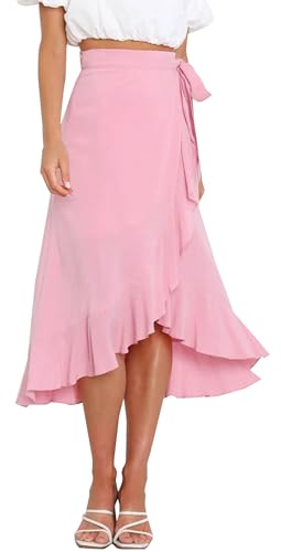 FEOYA Damen Hohe Taille Sommer Röcke A Line Strandrock Einteiliger Wickelrock Ruffle Midiröcke Rosa L von FEOYA