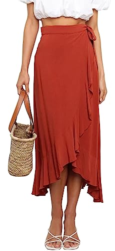 FEOYA Damen Hohe Taille Sommer Röcke A Line Strandrock Einteiliger Wickelrock Ruffle Midiröcke Rot L FEOYA Damen Hohe Taille Sommer Röcke A Line Strandrock Einteiliger Wickelrock Ruffle Midiröcke Rot L von FEOYA
