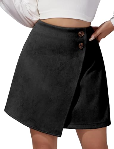 FEOYA Damen Hoher Taille Rock Kurzer Wildleder Minirock Basic Freizeit Herbst Winter Kurzrock D-schwarz S von FEOYA