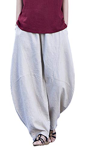 FEOYA Damen Hose Leinen Pilateshose Yogahose Gummibund Haremshose Pumphose Aladinhose Pluderhose Leinenhose Ballonhose Schlabberhose Casuale Elegante Hose mit Taschen Jogginghose-Beige-Größe S von FEOYA