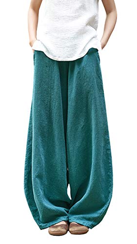 FEOYA Damen Hose Leinen Pilateshose Yogahose Gummibund Haremshose Pumphose Aladinhose Pluderhose Leinenhose Ballonhose Schlabberhose Casuale Elegante Hose mit Taschen Jogginghose-Blau-Größe M von FEOYA