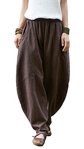 FEOYA Damen Hose Leinen Pilateshose Yogahose Gummibund Haremshose Pumphose Aladinhose Pluderhose Leinenhose Ballonhose Schlabberhose Casuale Elegante Hose mit Taschen Jogginghose-Braun-Größe S von FEOYA