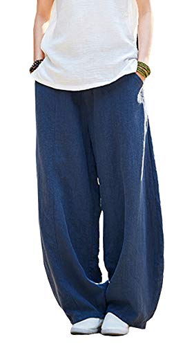 FEOYA Damen Hose Leinen Pilateshose Yogahose Gummibund Haremshose Pumphose Aladinhose Pluderhose Leinenhose Ballonhose Schlabberhose Casuale Elegante Hose mit Taschen Jogginghose-Dunkelblau-A-Größe S von FEOYA
