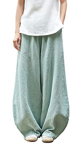 FEOYA Damen Hose Leinen Pilateshose Yogahose Gummibund Haremshose Pumphose Aladinhose Pluderhose Leinenhose Ballonhose Schlabberhose Casuale Elegante Hose mit Taschen Jogginghose-Hellgrün-A-Größe L von FEOYA