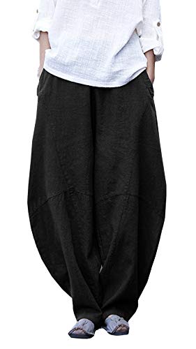 FEOYA Damen Hose Leinen Pilateshose Yogahose Gummibund Haremshose Pumphose Aladinhose Pluderhose Leinenhose Ballonhose Schlabberhose Casuale Elegante Hose mit Taschen Jogginghose-Schwarz-Größe M von FEOYA