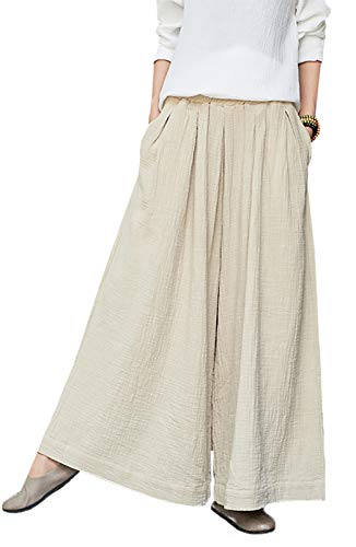 FEOYA Damen Hose Pilateshose Yogahose Elastische Bund Haremshose Pumphose Aladinhose Pluderhose Weite Leinenhose Ballonhose Schlabberhose Casuale Elegante Hose mit Taschen-Beige-Größe M von FEOYA