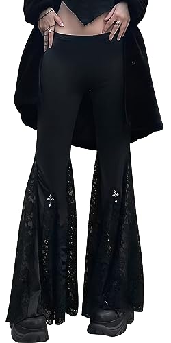FEOYA Damen Hose Y2K Punk Gothic Schwarze Ausgehöhlte Samt Schlaghosen Hohe Taille Durchscheinend Bell Bottom Hose Party Streetwear Clubwear - M von FEOYA