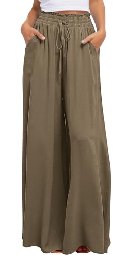 FEOYA Damen Hose mit Weitem Bein Elegante Casual Leichte Palazzo Hosen Hohe Taille Freizeithose Elastisch Sommerhose Braun XL von FEOYA
