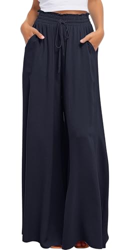 FEOYA Damen Hose mit Weitem Bein Elegante Casual Leichte Palazzo Hosen Hohe Taille Freizeithose Elastisch Sommerhose Schwarz S von FEOYA