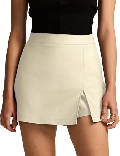 FEOYA Damen Hosenrock Kurze Hose Mini Röcke mit Schlitz Elegant A-Linie Rock Skorts Herbst Hohe Taille Büro Bleistiftrock Beige S von FEOYA