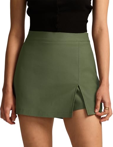FEOYA Damen Hosenrock Kurze Hose Mini Röcke mit Schlitz Elegant A-Linie Rock Skorts Herbst Hohe Taille Büro Bleistiftrock Grün S von FEOYA