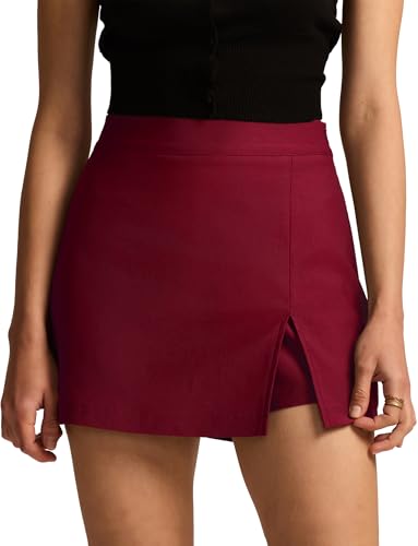FEOYA Damen Hosenrock Kurze Hose Mini Röcke mit Schlitz Elegant A-Linie Rock Skorts Herbst Hohe Taille Büro Bleistiftrock Rot XL von FEOYA