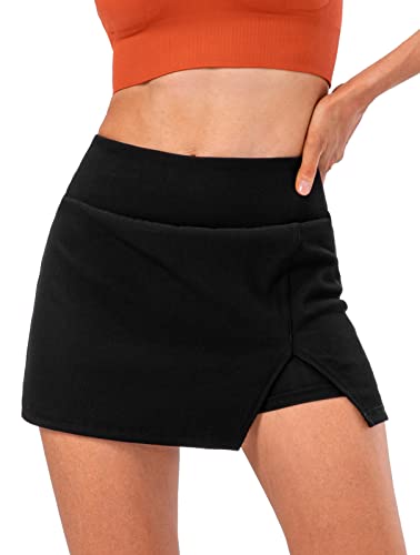 FEOYA Damen Hosenrock Sommer Sportrock 2 in 1 Tennisrock Slim Fit Sport Skirt mit Unter Shorts Herstellergröße L/DE Größe 38 - B-Schwarz von FEOYA