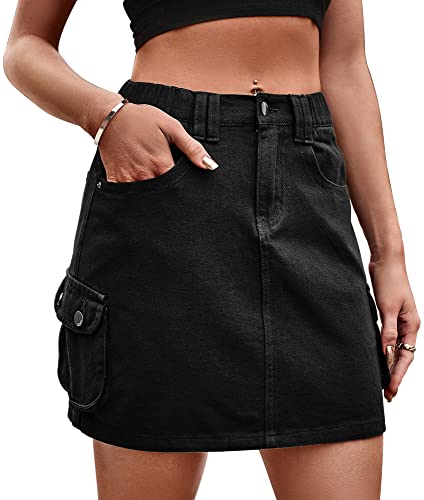 FEOYA Damen Jean Kurzen Röcke Casual Mini Jeansrock mit Cargo Taschen A Schwarz M von FEOYA