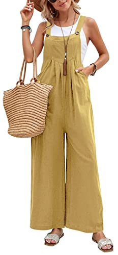 FEOYA Damen Jumpsuit Sommer Oversize Trägerhose Loose Fit Baggy Baumwolle Latzhose Strampler Hellgelb L von FEOYA