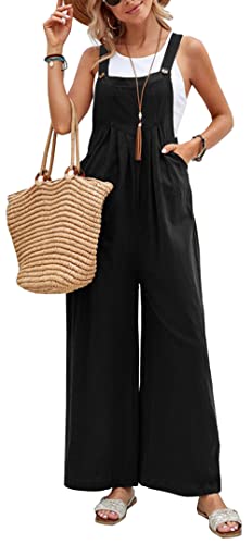 FEOYA Damen Jumpsuit Sommer Oversize Trägerhose Loose Fit Baggy Baumwolle Latzhose Strampler mit verstellbaren Riemen Schwarz L von FEOYA