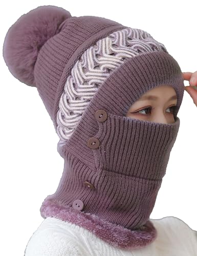 FEOYA Damen Kapuzen Skullies Mützen Einteilige Winter Strickmützen Schal Kapuze Warme Balaclava von FEOYA