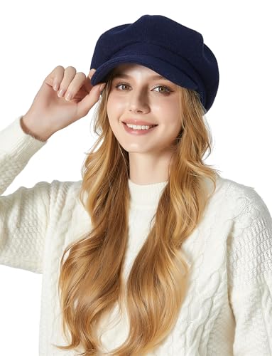 FEOYA Damen Klassisch Ballonmütze Newsboy Cap Schirmmütze Vintage Herbst Winter Barett Kappe Maler Mütz Blau von FEOYA