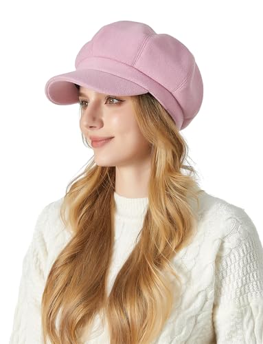 FEOYA Damen Klassisch Ballonmütze Newsboy Cap Schirmmütze Vintage Herbst Winter Barett Kappe Maler Mütz Rosa von FEOYA