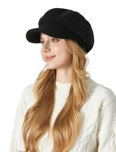 FEOYA Damen Klassisch Ballonmütze Newsboy Cap Schirmmütze Vintage Herbst Winter Barett Kappe Maler Mütz Schwarz von FEOYA