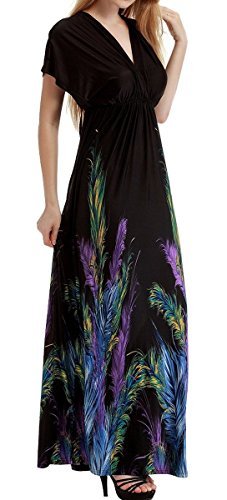 FEOYA Damen Kleid Blumenmuster Feder Drucken Sommerkleid mit hoher Taille Ärmellos Kleider mit V-Ausschnitt Maxikleider Bohemian Strandkleid asiatische Größe L - Schwarz von FEOYA