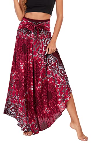 FEOYA Damen Kleider Boho Sommerkleid Maxikleid Kurzarm Strandkleid Lang Bedruckter Sommerrock Maxirock Elastisch von FEOYA