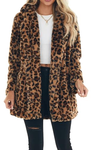 FEOYA Mantel Leopard Damen Faux Pelzmantel Fleecejacke Warm Winter Kunstpelz Mantel Plüsch Mittellang Cardigan Fleece Lang Langarm Plüschjacke Braun M Wintermantel Winterjacke Outwear Loose Fit von FEOYA