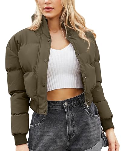 FEOYA Damen Kurze Jacke Winddichter Wattierter Daunen-Kurzmantel Gekürzte Pufferjacke mit Taschen 01 Armeegrün M von FEOYA