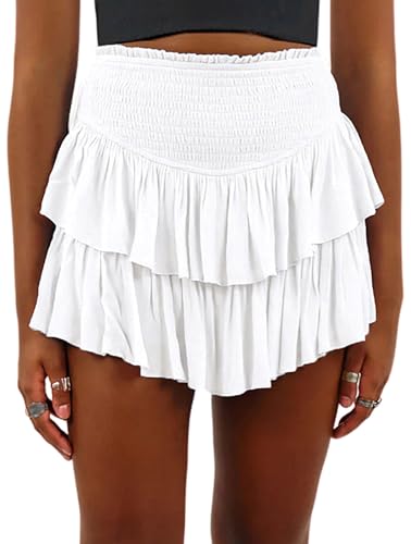 FEOYA Damen Kurze Röcke Hohe Taille Schicht Rüschen Saum Mini Rock Flowy Beach Short A-Linie Rock Weiß M von FEOYA