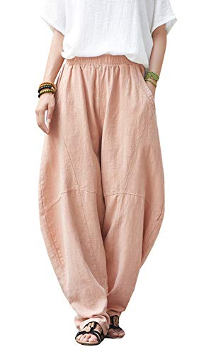 FEOYA Damen Lang Hose Sommer Baumwolle Leinen Freizeithose Elastisch Bund Baggy Hosen Haremshosen von FEOYA
