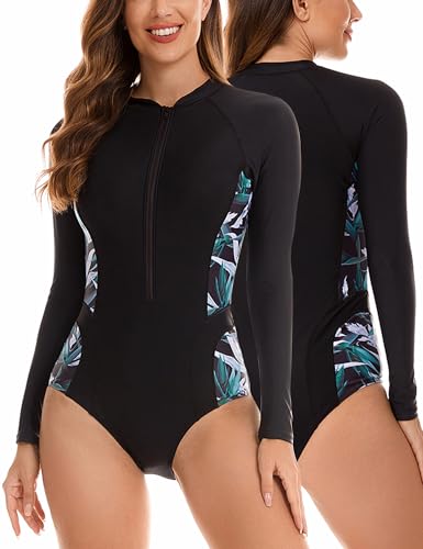 FEOYA Damen Langarm Badeanzug Sportlich Bademode Einteiler mit Frontreißverschluss Slim Fit Strandmode Hersteller S/DE-Größe 38-40-Muster 16 von FEOYA