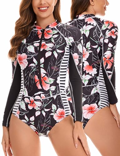 FEOYA Damen Langarm Badeanzug Sportlich Bademode Einteiler mit Frontreißverschluss Slim Fit Strandmode Hersteller S/DE-Größe 38-40-Muster 17 von FEOYA