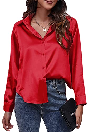 FEOYA Damen Langarm Button Down Satin Shirt Weiche Kunstseide Bluse Elegant V-Ausschnitt Revers Top für Freizeit/Formal/Arbeit, Einfarbig, S-XXL, rot, Small von FEOYA
