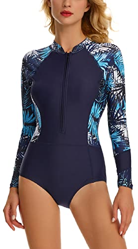 FEOYA Damen Langarm Schwimmeinteiler Gemustert Badeanzug Elegant Slim-Fit Bademode Swimsuit Hersteller S/DE-Größe 34-36 - Muster 6 von FEOYA