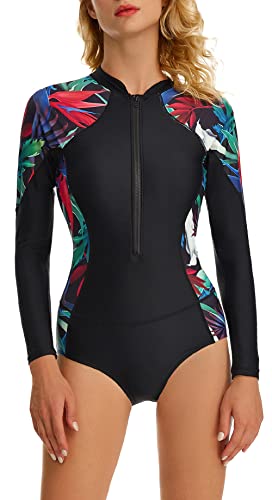 FEOYA Damen Langarm Schwimmeinteiler Gemustert Badeanzug Elegant Slim-Fit Bademode Swimsuit Hersteller S/DE-Größe 34-36 - Muster 7 von FEOYA