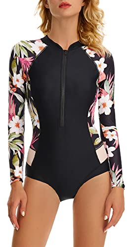 FEOYA Damen Langarm Schwimmeinteiler Gemustert Badeanzug Elegant Slim-Fit Bademode Swimsuit Hersteller XL/DE-Größe 42-44 - Muster 4 von FEOYA