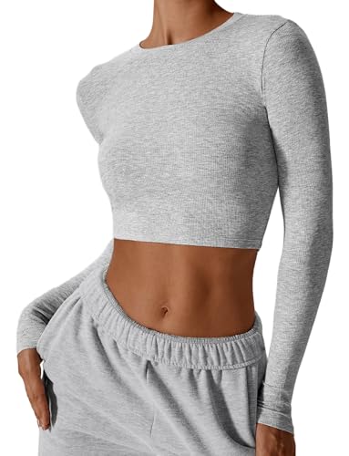 FEOYA Damen Langarm Sport Crop Top Slim Fit Sportshirt Top Sommer Laufshirt Bauchfrei Sweatshirts Hersteller S/DE Größe XS-Hellgrau von FEOYA