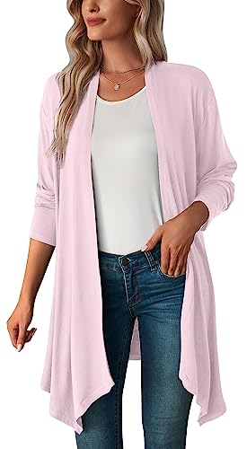 FEOYA Damen Langarm Strickjacke Offene Vorderseite Lässige Wasserfall Jacke Elegantes Leichtgewicht Outwear Festes Top Rosa XXL von FEOYA