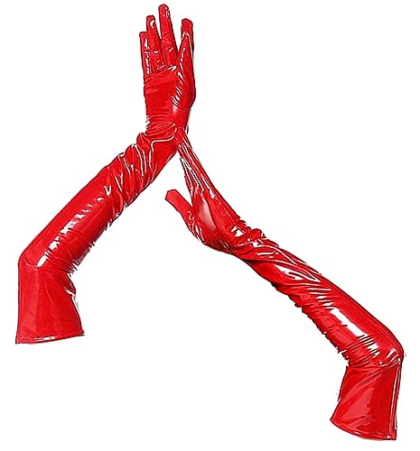 FEOYA Damen Lange Handschuhe Glänzende Lederoptik Handschuhe Wetlook Abendhandschuhe Party Accessoire Clubwear A1-Rot L von FEOYA