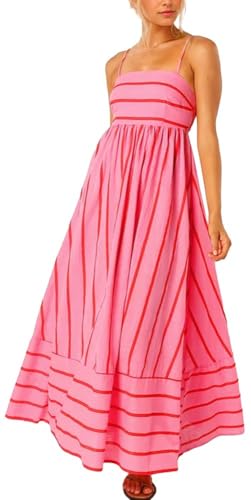 FEOYA Damen Langes Gestreiftes Kleid Sommer Maxi Kleid Spaghetti Riemen Rücken Gesmoktes Kleider Boho Flowy Swing Kleider Rosa L von FEOYA