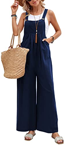 FEOYA Damen Latzhose Loose Bib Pants Overall Ärmellose Baggy Sommer Jumpsuits Lässige lange Hosen Playsuit Tiefblau XL von FEOYA