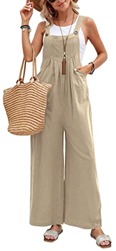 FEOYA Damen Latzhose Loose Bib Pants Overall Ärmellose Baggy Sommer Jumpsuits Lässige lange Hosen Playsuit mit Taschen Khaki S von FEOYA