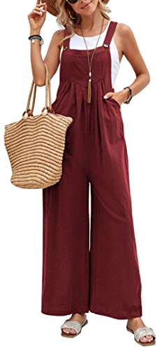 FEOYA Damen Latzhose Sommer Baggy Jumpsuit Trägerhose Beiläufig Weit Geschnittene Playsuit Hose mit Tasche Weinrot 3XL von FEOYA