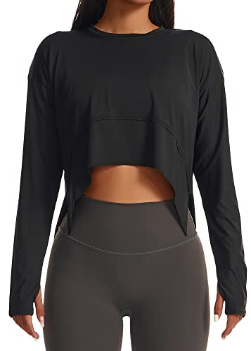 FEOYA Damen Laufhemd mit Daumenloch Sport für mit Kurzarmoberteil Cross Wrap Workout Gym Cropped Top Sport Fitness Oberteile - L von FEOYA