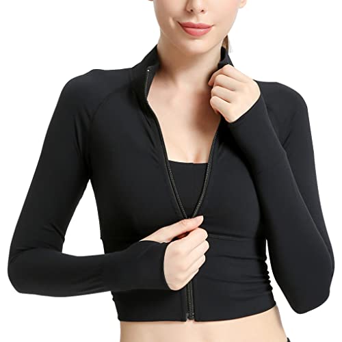 Damen Laufjacke Atmungsaktive Sportjacke Langarm Yoga Fitness Shirt Langarm Sportjacke Mit Reißverschluss Trainingsjacke mit Daumenlöcher XXS von FEOYA