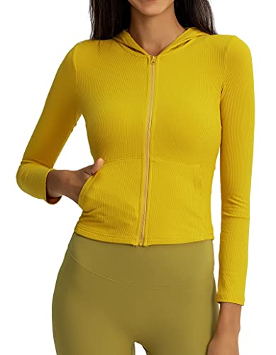 FEOYA Damen Laufjacke Langarm Kapuzenjacke Sportjacke Running Sweatjacke für Yoga Fitness Oberteil Sport Workout Laufshirt Trainingsjacke Top-S-XL (Gelb A, L, l) von FEOYA